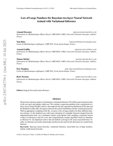 Law Of Large Numbers For Bayesian Two Layer Neural Network Trained With