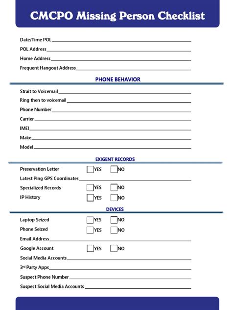 Cmcpo Missing Person Checklist 1 Pdf