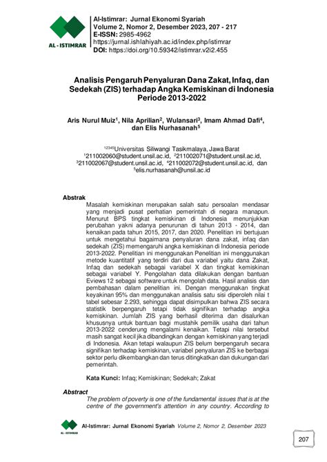 PDF Analisis Pengaruh Penyaluran Dana Zakat Infaq Dan Sedekah ZIS