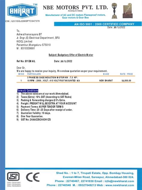 Kiocl Ltd Budgetary Quotation Ie3 Pdf
