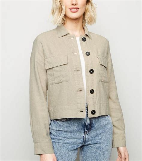 Stone Linen Look Crop Utility Jacket New Look Jackets Utility