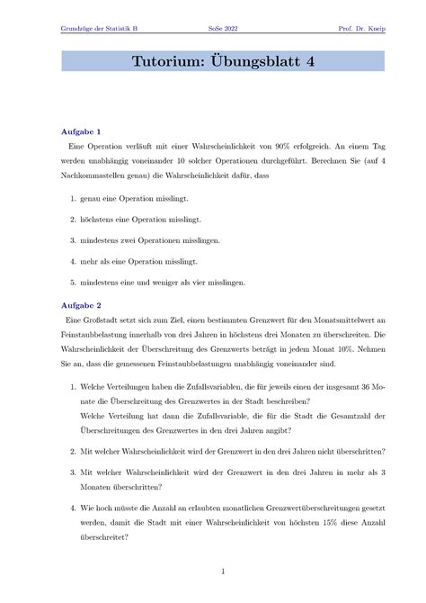 Uebungsblatt 4 Übungsblatt 04 Statistik B Ohne Lösungen