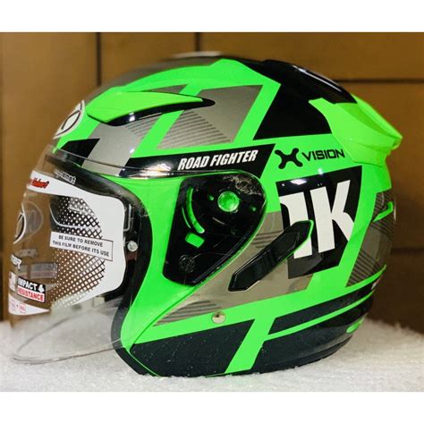 Jual Helm Nhk R Neuro Green Fluo Silver Double Visor Half Face Helem