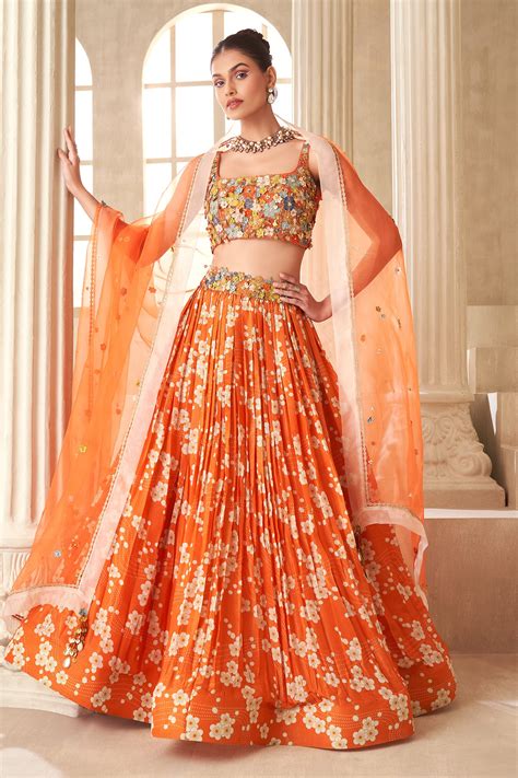 Buy Orange Tissue Organza Printed Floral Square Pleated Lehenga Set For