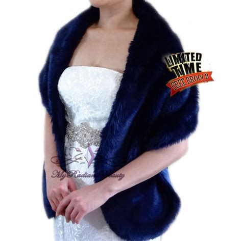 Faux Fur Stole Bridal Navy Blue Faux Fur Long Wrap Bridal Fur Shrug Wedding Fur Stole Bridal