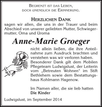 Traueranzeigen Von Anne Marie Groeger Trauer Nordkurier