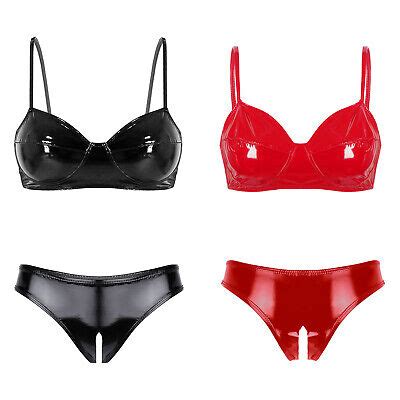 Women S Latex Lingerie Suit Wet Look Bikini Set Bra Top With Crotchless