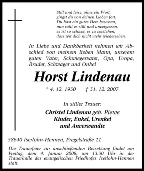 Traueranzeigen Von Horst Lindenau Trauer In Nrw De