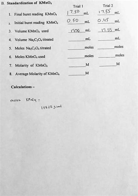 SOLVED Standardization Of KMnOa Trial 7 50 ML Trial 2 17 55 ML Final