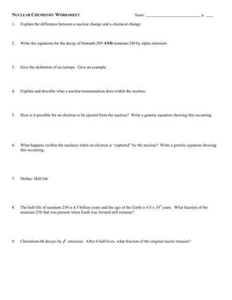 Nuclear Chemistry Review Worksheet Avon Chemistry Worksheets Library