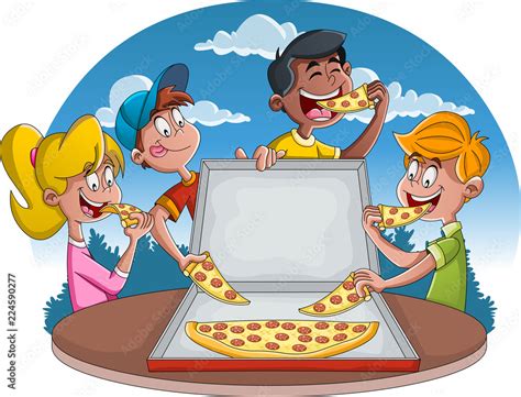 Group of cartoon children eating pepperoni pizza. Stock Vector | Adobe ...