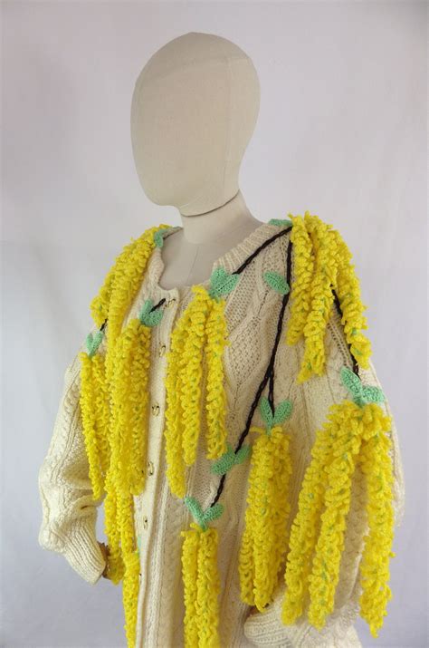 Vintage Lingering Laburnum Hand Knit Applique Statement Cardigan Cream Yellow Wool Plus Size