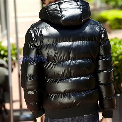 Men Shinyglossy Puffer Coat Hooded Quilt Padded Faux Leather Jacket Zip Black Ebay