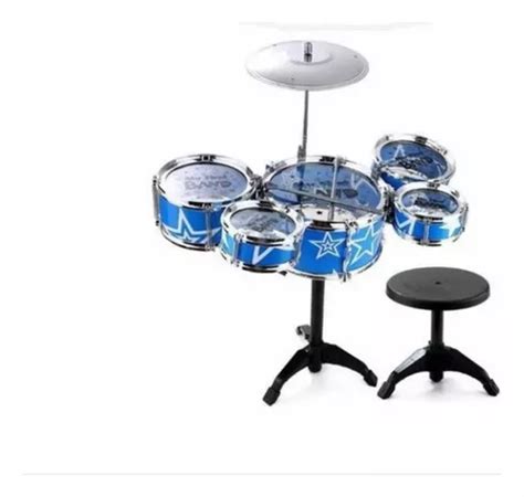 Mini Bateria Musical Infantil Tambores Banco Jazz Drum Cor Azul