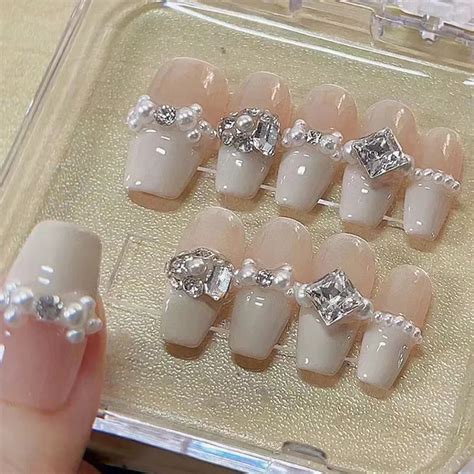 Pcs Luxury Handmade Press On Nails Nude Fake Nail With Pearl Diamonds Design French Full Cover