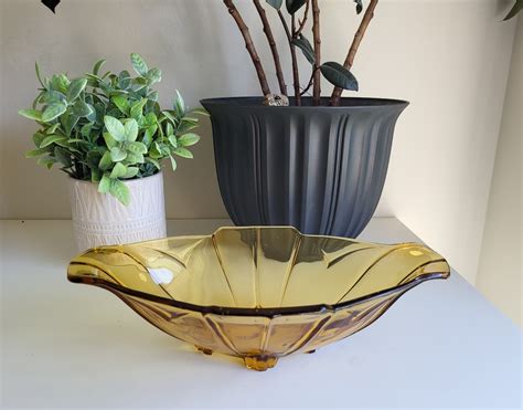 Vintage Sowerby Art Deco Amber Pressed Glass Footed Bowl Vintage Amber