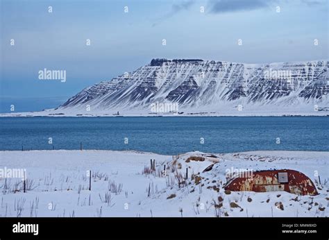 Icelands Landscape Mountain Under The Snow At The Seaside In A Fjord