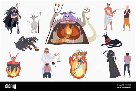 hell underworld flat set  isolated icons  cartoon style devils