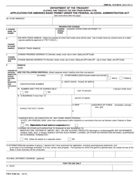 Fillable Form Ttb F 5100 18 Application For Amended Basic Permit