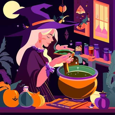 Premium Vector Witch Preparing A Potion Hand Drawn Cartoon Sticker