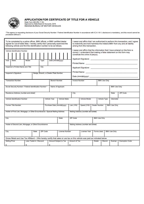 Fillable Form Indiana Vehicle Registration 205 Pdfrun