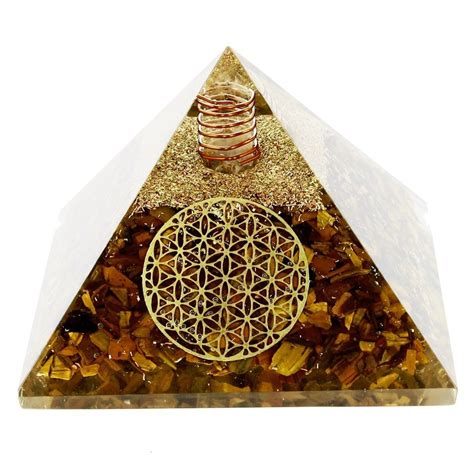 Œil de Tigre Pyramide Orgonite Fleur de Vie 7 5 cm