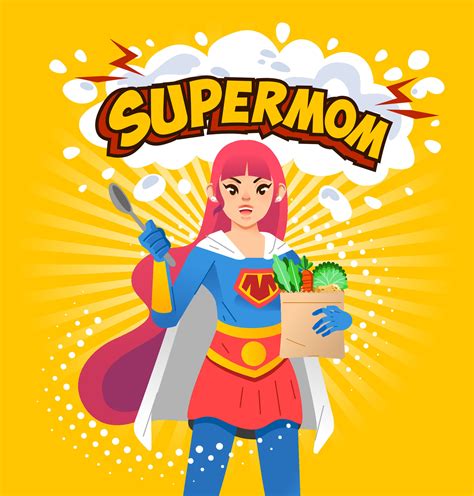 Supermom Poster Illustration Young Mom Holding Spoon And Groceries