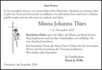 Traueranzeigen Von Minna Johanna Thies Sh Z Trauer