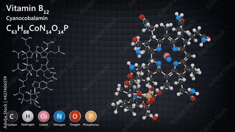 Chemical Structure Of Vitamin B12 Cyanocobalamin Formula C63h88con14o14p 3d Illustration