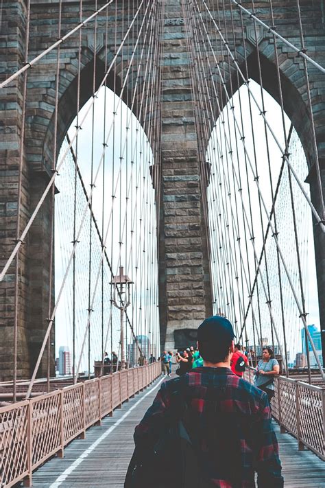 New York Travel Brooklyn Bridge People Walk Structure Suspension