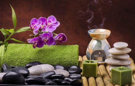 Wallpaper flowers, stones, candles, bamboo, relax, Orchid, flowers, Spa ...