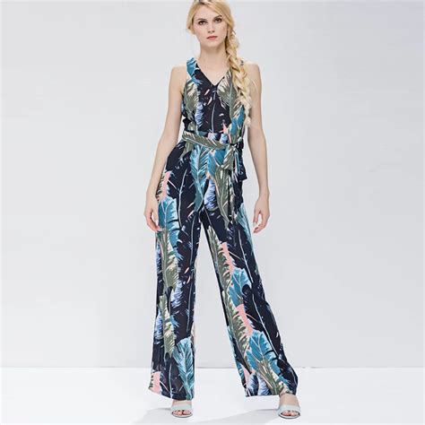 2017 Womens Vintage Jumpsuit Summer Playsuits Pockets Printed V Neck