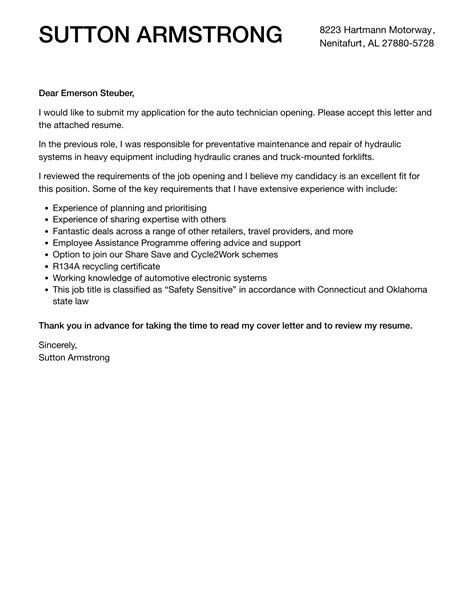 Mechanic Cover Letter For Resume