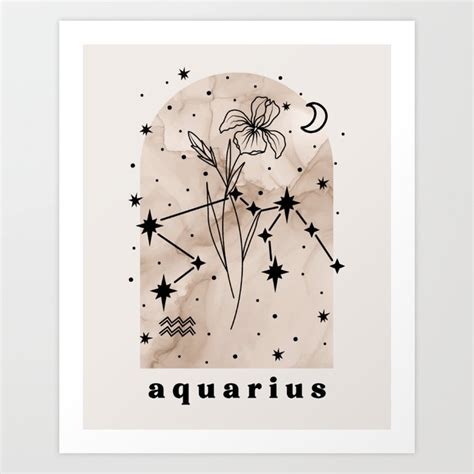 Aquarius Constellation And Birth Flower Neutral Art Print By Inkandluxe Society6