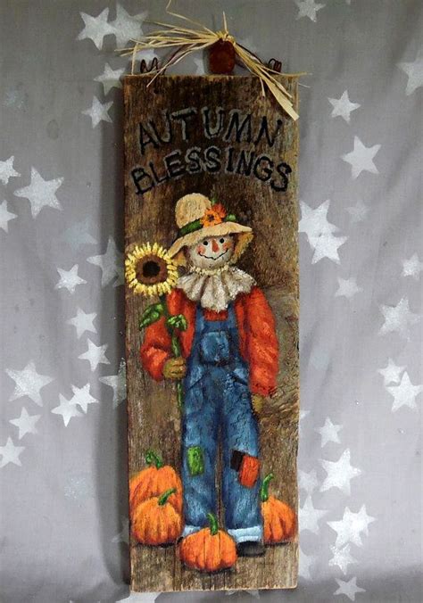 Autumn Blessings Scarecrow Hand Painted On Barnwood 5 1 2 X 16 1 2 Fall Crafts Painting