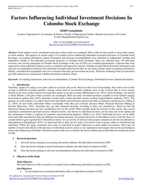 Pdf Factors Influencing Individual Investment Decisions In Colombo