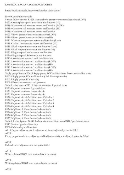 Pdf Kobelco Excavator Error Codes Error Code Failure Details · Kobelco Excavator Error Codes