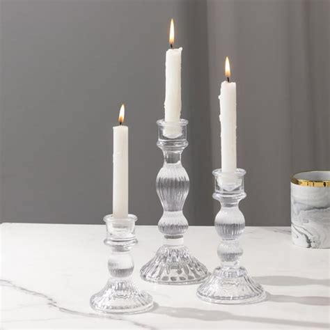 Set Of 3 Clear Fluted Glass Taper Candle Holders Ribbed Crystal Candlestick Stands 4 6 8