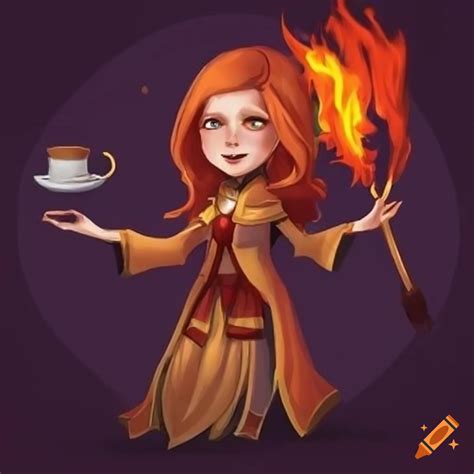 Happy Female Fire Mage With A Big Scarf And Tea On Craiyon