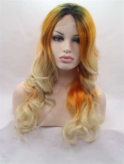 Lace Front Colorful Wigs 18 Wavy Ombre 2 Tone Without Bangs Synthetic