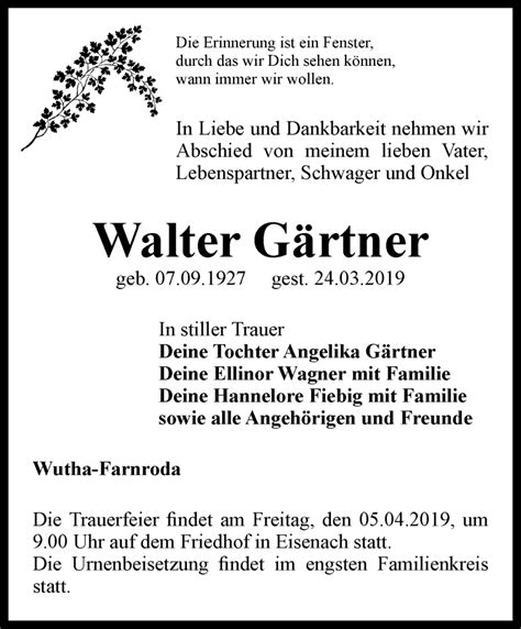 Traueranzeigen Von Walter G Rtner Trauer In Thueringen De