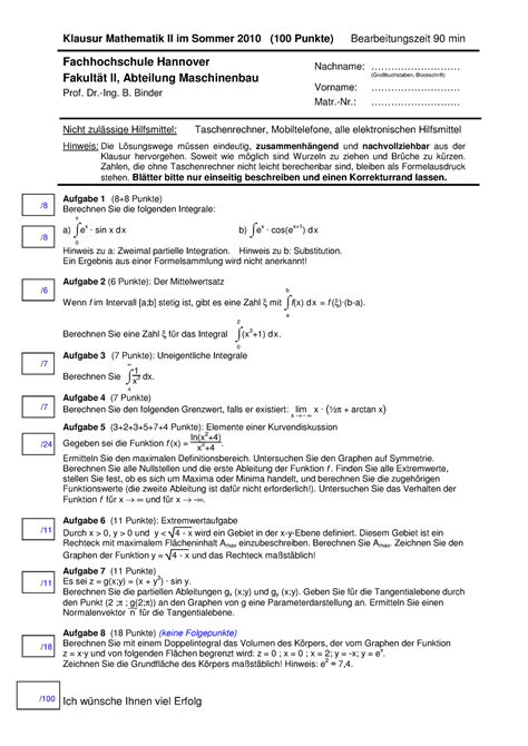 Klausur Ss M E Klausur Mathematik Ii Im Sommer Punkte