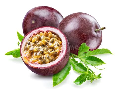 Dark Purple Passion Fruits Or Maracuja With Green Leaves On White