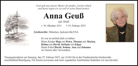 Traueranzeige Anna Geu Grafenw Hr Oberpfalzecho