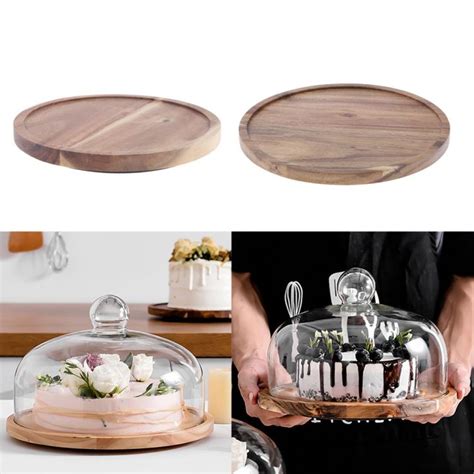 Tableware Rotating Flat Round Wood Server Cake Stands With Glass Dome