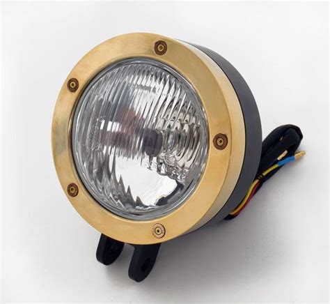 Black Motorcycle Headlight With Solid Brass Trim Ring 35 Lens