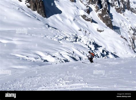 Chamonix France 28 January 2024 One Female Offpiste Skier Going