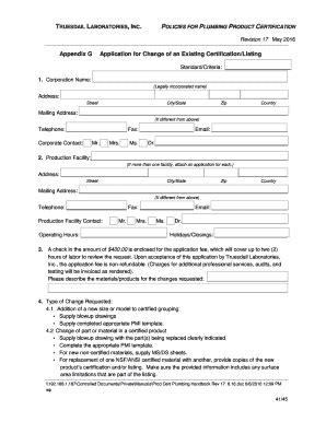 Fillable Online Appendix G Application For Change Of An Existing