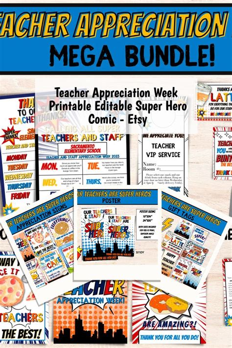 Teacher Appreciation Week Printable Editable Super Hero Comic Bundle Diy Teacher Appreciation