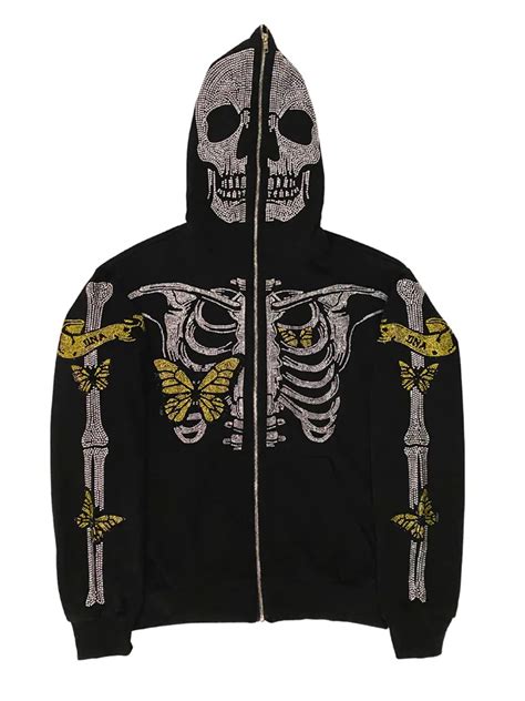 Jyyybf Y2k Skeleton Full Zip Up Hoodies Over Face Women Men Rhinestone